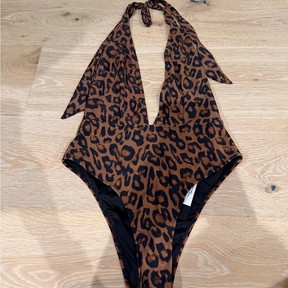 Kendall & Kylie Leopard Print Halter One-Piece Swimsuit - Small